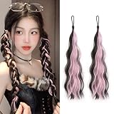 CHANGJIQ ヘアエクステ キッズ ２本 カラーエクステ エクステンション ポニーテール メッシュ 巻き髪 自然 つけ毛 ポニーテールウィッグ ロング 耐熱 取り付け簡単 アイロン可能 毛束 ダンス 子供 レディース ゴム付き 三つ編み お団子 (ピンク)