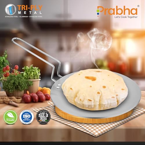 Image of Prabha Stainless Steel Tri-Ply Induction Base Roti Tawa 28cm - Best for Kitchen Use, Sturdy Handle - Ultimate Roti Tawa Solution