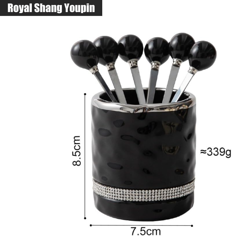 6 Piece Creative Ceramic Container Stainless Steel Fruit Coffee Spoon and Fork Set Light Luxury Dessert Cake Spoon and Fork Fruit Stick Set (Black jar +6 spoons)