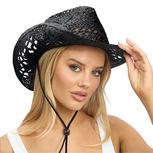 Image of DRESHOW Straw Cowboy Cowgirl Hat for Women Men Western Coastal Cowboy Beach Hat with Shapeable Brim Unisex Rolled up Caps