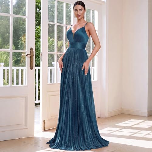 Image of Sexy Backless Maxi Formal Dress for Women with Sequin, Sleeveless Pleated Evening Gowns for Wedding and Cocktail