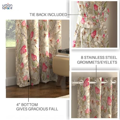 Image of Urban Space Blackout Curtains 5 Feet Set of 2 for Window, 80-85% Light Blocking Curtains for Living Room, Digital Printed Curtains with Eyelets, Tieback Included (Flora nova Grey, 5 Feet)