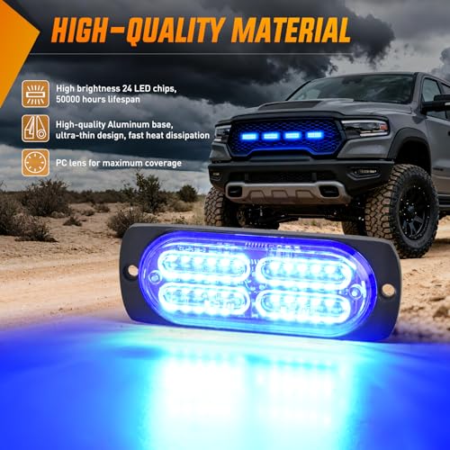 Image of Nilight 4PCS 24LED Blue Strobe Light 12V /24V Grille Surface Mount | Hazard Safety Warning Light with Sync Feature for Car Truck Camper Side Marker Aluminum Alloy Base Emergency Lights