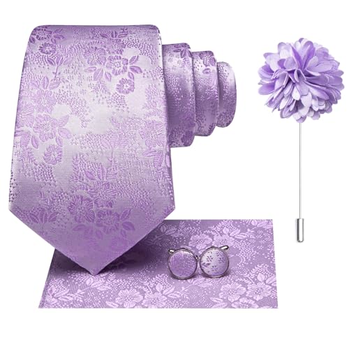 Image of Hi-Tie Men Silk Ties Set with Flower Lapel Pin Necktie Pocket Square Cufflinks for Tuxedo Wedding Business