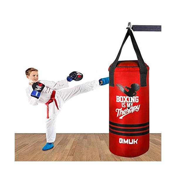 QMUK-Kids-Punching-Bag-with-Free-Gloves-for-Kickboxing-MMA-Punching-Bag-Training-Muay-Thai-Sparring-Karate-Taekwondo-Exercise-and-Fitness-50-cm-UNFILLED MatArts Punching Bag for Kids Boxing MMA BJJ Jiu Jitsu Taekwondo Muay Thai Kickboxing Karate Home Gym Training and Fitness Workout Kids Punching Bag 50cm (Red) – UNFILLED