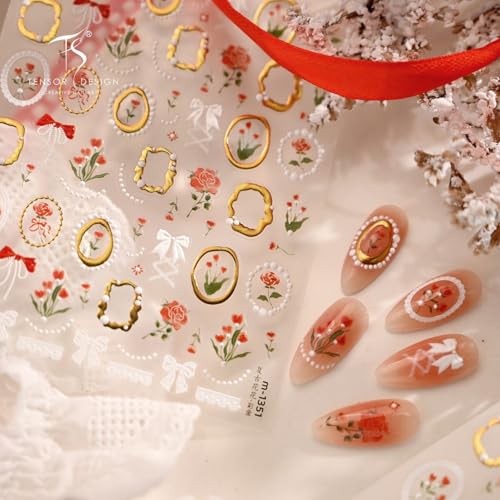 Image of Vintage Rose Nail Stickers with Gold Foil Frame Nail Decals 5D Embossed Self-Adhesive Nails Art Stickers for Women Manicure Decoration Accessories Supply