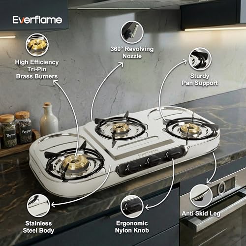 Image of Everflame Swift 3 Burner Gas Stove | Durable Stainless Steel Cooktop | Manual Ignition | ISI Certified | Brass Burner & Pan Support | Gas-Saver Technology | 2 Years Product Warranty + Doorstep Service