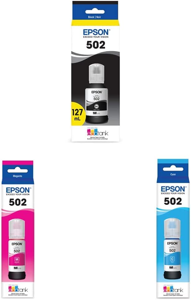 Epson T502 EcoTank Ink Ultra-high Capacity Bottle Black (T502120-S) T502 EcoTank Ink Ultra-high Capacity Bottle Magenta (T502320-S) T502 EcoTank Ink Ultra-high Capacity Bottle Cyan