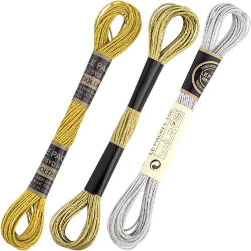 Image of 3 Skeins Metallic Embroidery Floss, Glitter Embroidery Thread String, Polyester Cross-Stitch Threads for Hand Embroidery, String Art, DIY Bracelet- Gold & Silver & Yellow