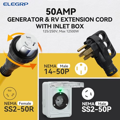 Image of ELEGRP 50 Amp Generator RV Cord 25 FT and Power Inlet Box, Pre-Drilled Generator Inlet Box, NEMA 14-50P to NEMA SS2-50R 6 /3+8 /1 Gauge STW Generator Cord Waterproof Combo Kit, UL Standard Compliant