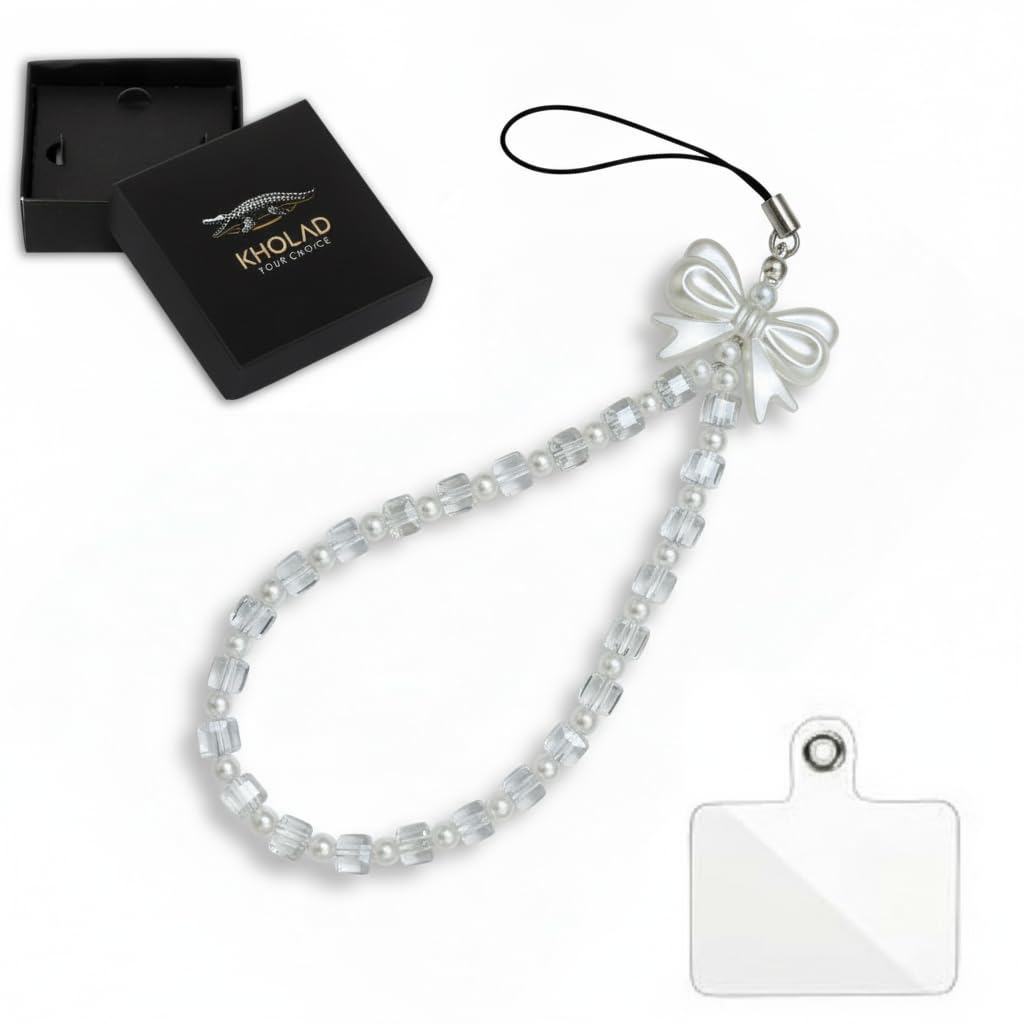 KHOLAD Crystal Cube and Pearl Bow Phone Charm Handcrafted Wristlet Lanyard White Beaded Keychain Detachable Phone Wrist Strap Hands-Free String Bracelet for Women PhoneChain Accessory for Bag Airpods Camera Decoration-image-8