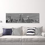 WallsThatSpeak Panoramic Cleveland Cityscape Picture, Black and White Stretched Canvas Art Prints, Wall Decoration for Bedroom or Office, Framed and Ready to Hang, 14” x 48”