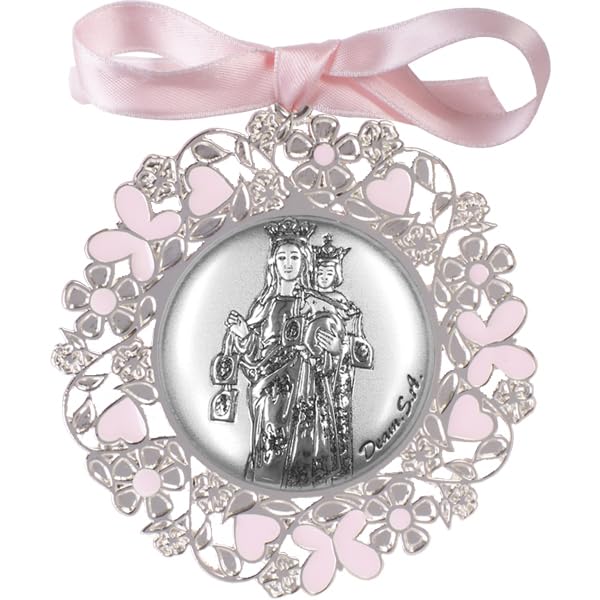 Medallón Metálico, Plateado y Esmaltado Ø6 cm, con Aplique Laminado en Plata de Ley 925‰ de La Virgen del Carmen. Con Opción de Personalizado. (09605-8)