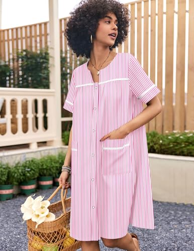 Image of Ekouaer Nightgowns for Women House Dress with Pockets Snap Front House Coat Short Sleeve Duster Moo Moos Sleepwear S-3XL