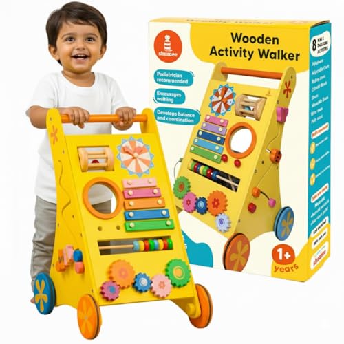 Shumee Wooden 8-in-1 Musical Activity Push Walker for Babies (9 Months+) | Multicolor | Baby Walker | Eco Friendly | Xylophone, Bead Maze, Grooves, Clock | 100% Child Safe