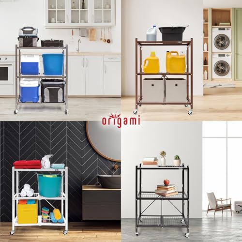 Image of Origami 2 Pack 3 Tier Folding Shelves, Storage Shelving Rack Unit with Wheels, Pewter