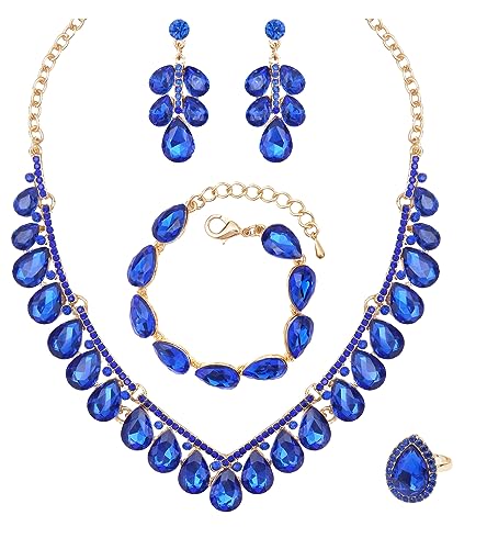 chaoyite Fashion V-Shaped Crystal Jewelry Set Bridal Wedding Choker Necklace Earrings Bracelet Ring for Women Bridesmaids Party Costume Accessories (Royal blue)