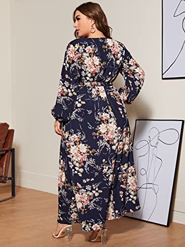 Wdirara Women's Plus Size Floral Print V Neck Belted Bishop Long Sleeve Dress Navy 2Xl #TOP1