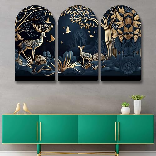 Image of Livin'luxe Golden Deer Forest Wall Art - 3 Panel Nature Painting | Elegant Black & Gold Wildlife Decor | Modern Living Room, Bedroom, Dining Area, Office Wall Decoration