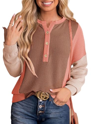 Dokotoo Womens Casual Color Block Knitted Long Sleeve Shirts for Women Loose V Neck Button Down Pullover Blouses Tops