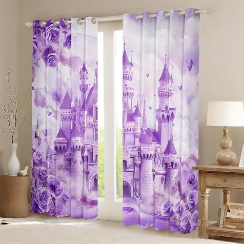 Tale Castle Princess Theme Kids Window Curtains,Cartoon Castle Rose Flowers Dreamy Window Drapes for Girls Women,Cloud Rainbow Toddler Purple Window Treatments Grommet Top 2 Panel Set,66Wx90L inch