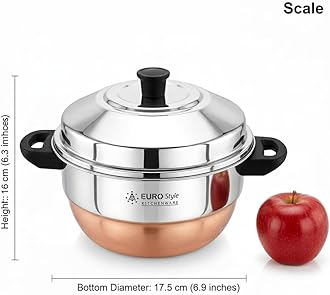 EURO style Compact Deluxe -12 Copper Bottom l Idly Cookware + Steamer | Idli, Idiyappam, Dhokla & Vegetable Steamer | 2 in 1 | 3 Idly Plates (12 idlis) +1 Steamer | Multipurpose