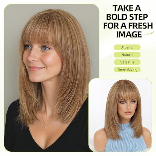 Image of RSY 14 Inch Ombre Brown mixed Blonde Straight and Layered Real Human Hair Wigs for Women with Bangs