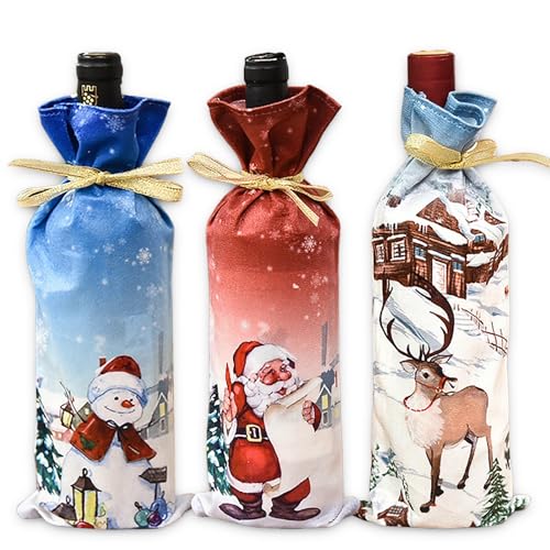 Youery 3 Stücke Weihnachten Weinflaschen Taschen Weihnachten Red Wine Taschen Weinzubehör Geschenk Set Wiederverwendbare Wein-Geschenk-Beutel Xmas Festival Party Tisch Dekor Geschenk