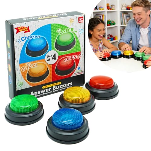 AURIVEE Juego de 4 Buzzers – Pulsadores de Respuesta con Luz & Sonido para Concursos, Familia y Aula