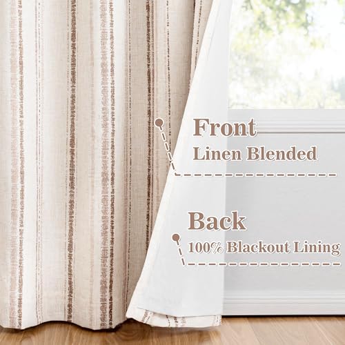 Image of MYSKY HOME Taupe Striped Curtains 63 Inches Long Full Blackout Tan Ticking Stripe Pinstripe Linen Blended Double Layer Curtains for Bedroom Farmhouse Drapes, Grommet, 2 Panels, 52 inch Wide