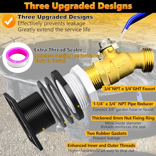 Image of Stock Tank Drain Plug Kit Include 1-1 /4 inch x 3 /4 inch Pipe Reducer Hex Bushing & 3 /4 inch x 3 /4 inch Brass Faucet Fit for rubbermaid Commercial 50 70 100 150 300 Gallon Stock Tanks Five Years Free Replacement