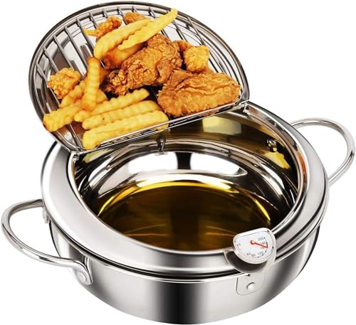 FALESOUL Deep Fryer Pot, 2Qt/8.2Inch Japanese Style Small Deep Fryer 304 Stainless Steel, Mini Deep Fryer with Thermometer, Lid, Oil Drip Drainer Rack for French Fries Fish Shrimp (2 Qt /8.2 Inch)