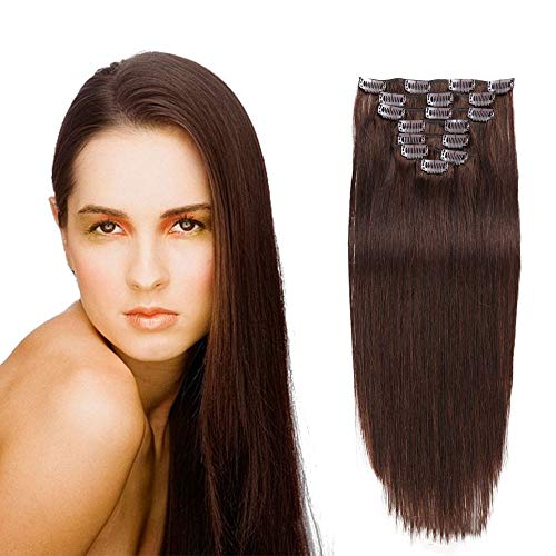Clip in Haarverlängerungen verdicken Doppeleinschlagdunkelbraune Haare 7Pcs Voller Kopf seidig gerade 100% Echthaar Clip in Extensions,16inch (40cm) 70g Cover