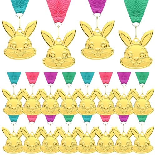 Loetere 20 Pcs Easter Gold Medals Bulk 2.4 Inch Easter Bunny Egg Shape Award with Colorful Neck Ribbons Spirit Medallion Decorating Contest Award Medals for Egg Hunt Party Gift(Bunny)