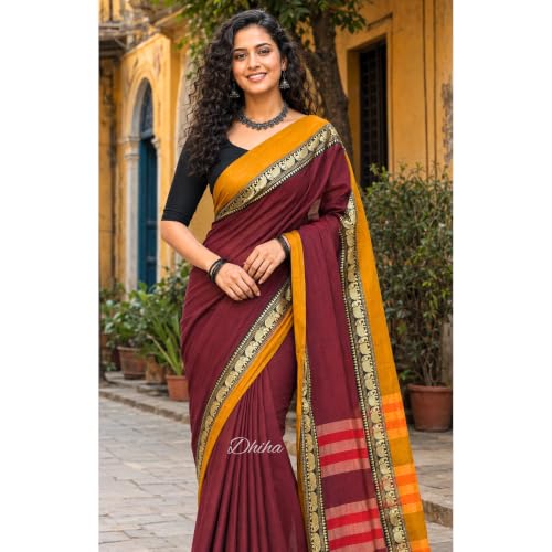 Image of Narayanpet Pure Cotton Avani Border Saree for Women with Running Blouse | Tassels | Traditional Woven Solid Design | Handloom Weave