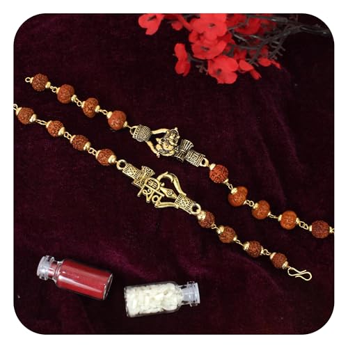 Image of TIED RIBBONS Rakhi for Brother - Set of 2 Premium Rudraksha Trishul Bracelet Rakhi for Brother Bhaiya Kids Boys Men with Greeting Card and Roil Chawal Tika