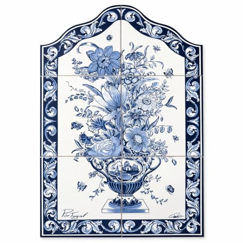 Portuguese Ceramic Tile Wall Panel – Floral Vase with Azulejo Border | Made in Portugal | Glazed Mural Backsplash & Wall Decor | 11.75" W x 17.5" H (Blue & White)