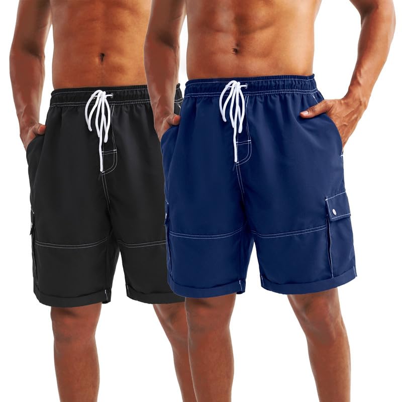 LARGERED 2 pack de pantalones cortos de natación para hombre, pantalones cortos de playa, pantalones cortos de surf de secado rápido