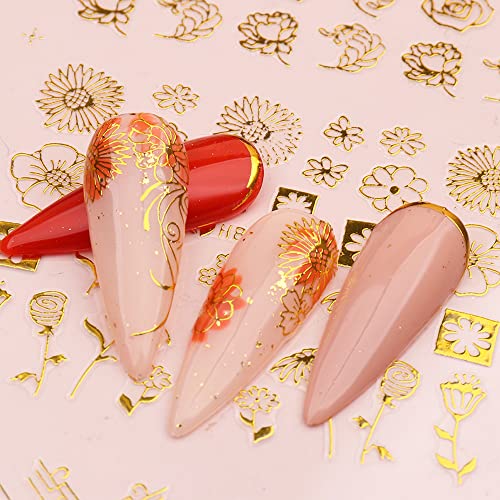 12 Designs Flower Nail Art Sticker Decals - 3D Gold Metallic Nail Stickers Self-Adhesive Nail Art Supplies Golden Lace Leaf Flower Line Acrylic Nail Designs Diy Manicure Decoration For Women Girls #TOP4