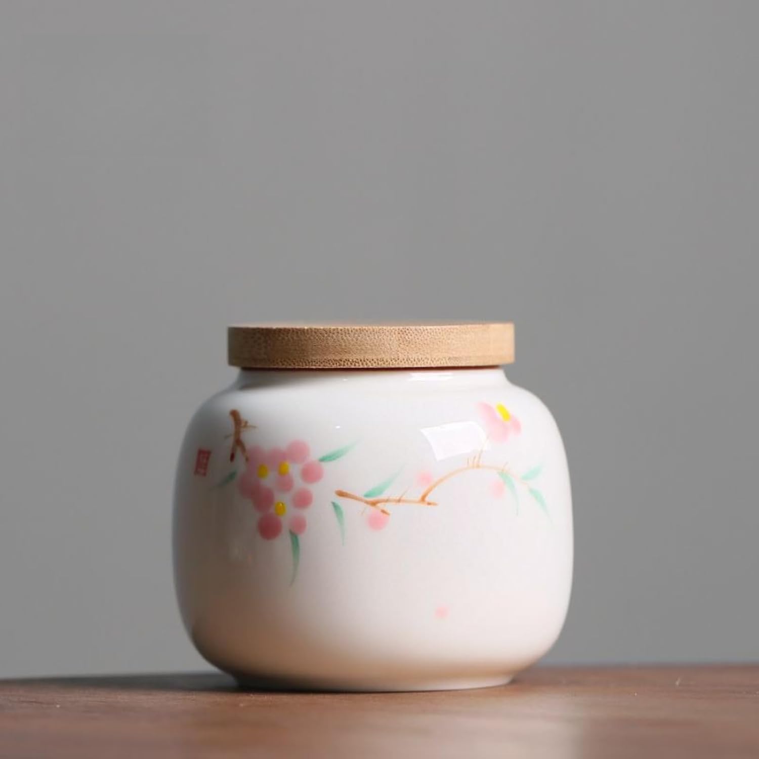 Hand-drawn Peach Blossom Ceramics Tea Caddy, 200ml 6.8oz, Household Tea Storage Jar Portable Storage Tank