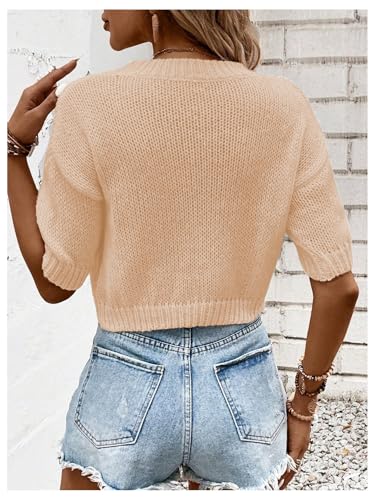 Image of GORGLITTER Women's Puff Short Sleeve Crop Cropped Sweaters Top Cute Outfits | Old Money Outfits Women, Date Night Outfit for Women, Going Out Tops Trendy, Knit Tops Sweater