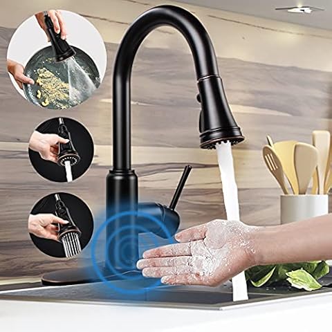Touchless Kitchen Faucet Oil Rubbed Bronze,Soosi Single Handle One/3 Hole Motion Sensor Automatic Kitchen Faucet 3-Function Kitchen Faucets with Pull Down Sprayer Stainless Steel Lead Free Deck Plate Cover
