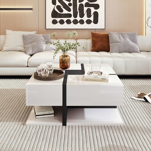 Merax Couchtisch Wohnzimmertisch mit 4 Schubladen Hochglanz, Modern Beistelltisch Kaffeetisch mit Zwei Ablageebenen, Multifunktionaler Sofatisch Mitteltisch, einzigartige Design, 78x78x36cm, Weiß