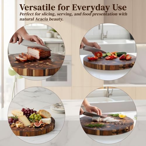 Tabla de cortar redonda de madera de acacia de 30 cm con mango, bloque de carnicero sólido, para pizza, carne y charcutería miniatura 4