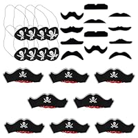 TUBAWD 24Pcs Pirate Hat Kids, Pirate Accessories Kids, Hats - Complete Costume Set with Eye Patches & Mustaches for Dress Up Themed Parties & Role Play