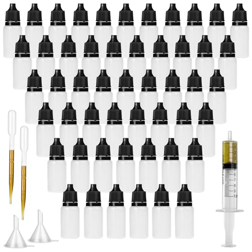 DONQL 50 PCS Plastic Dropper Bottle，Eye Dropper Bottles 10ml, Empty Squeezable Dropper Bottles, Paint Dropper Bottles，Eye Liquid Empty Dropper Bottles with 10ml Syringe 2 Funnels 2 Pipette 2 Label