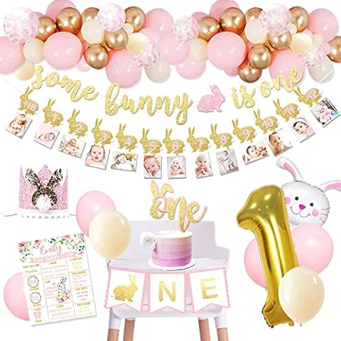 Some Bunny is One Birthday Party Supplies, Some Bunny is One First Birthday Decorations, Bunny 1st Birthday Decorations for Girls, Some Bunny is One banner for Spring Easter Rabbit Themed Baby Girls Cover