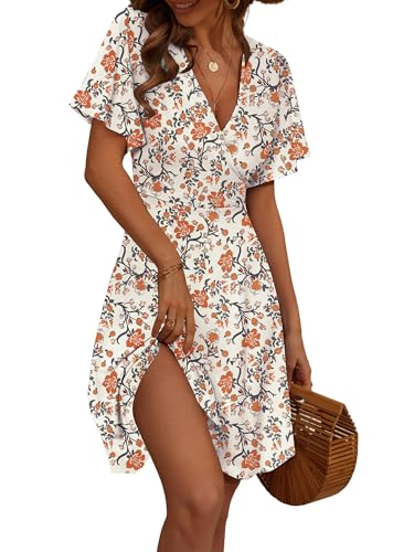 FENSACE Boho Dresses for Women Curvy Flattering Western Wear A Line Wrap Summer Clothes(Apricot Orange Floral-79,Small)