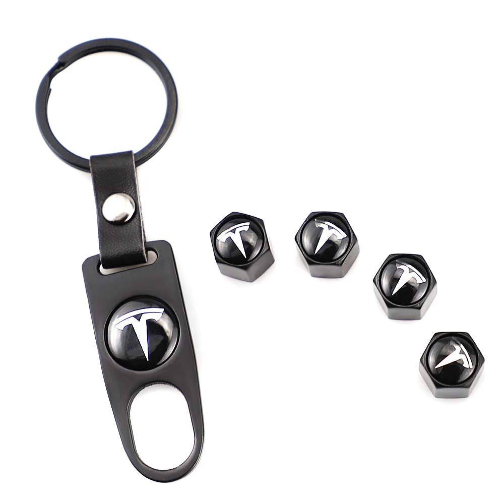XDG 4Pcs Car Tire Valve Hexagon Shape Stem Air Caps and 1 pcs Wrench Keychain Combo Anti-Theft Dust Caps Fit for Tesla Roadster Model S Model X Model 3 TESLASUV Decoration Accessories (Black)