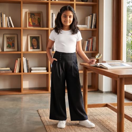 Image of Girls Straight Fit Trousers | High Waisted Wide Leg Pants for Kids